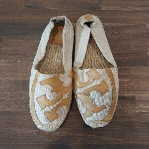 Tory Burch Shoes Womens 10 Espadrille Flats Canvas Lonnie Tan Beige Comfort Logo